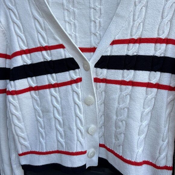 Mango MNG Striped Plait-Knitted Cardigan in Ecru | Size Small - Picture 6 of 7